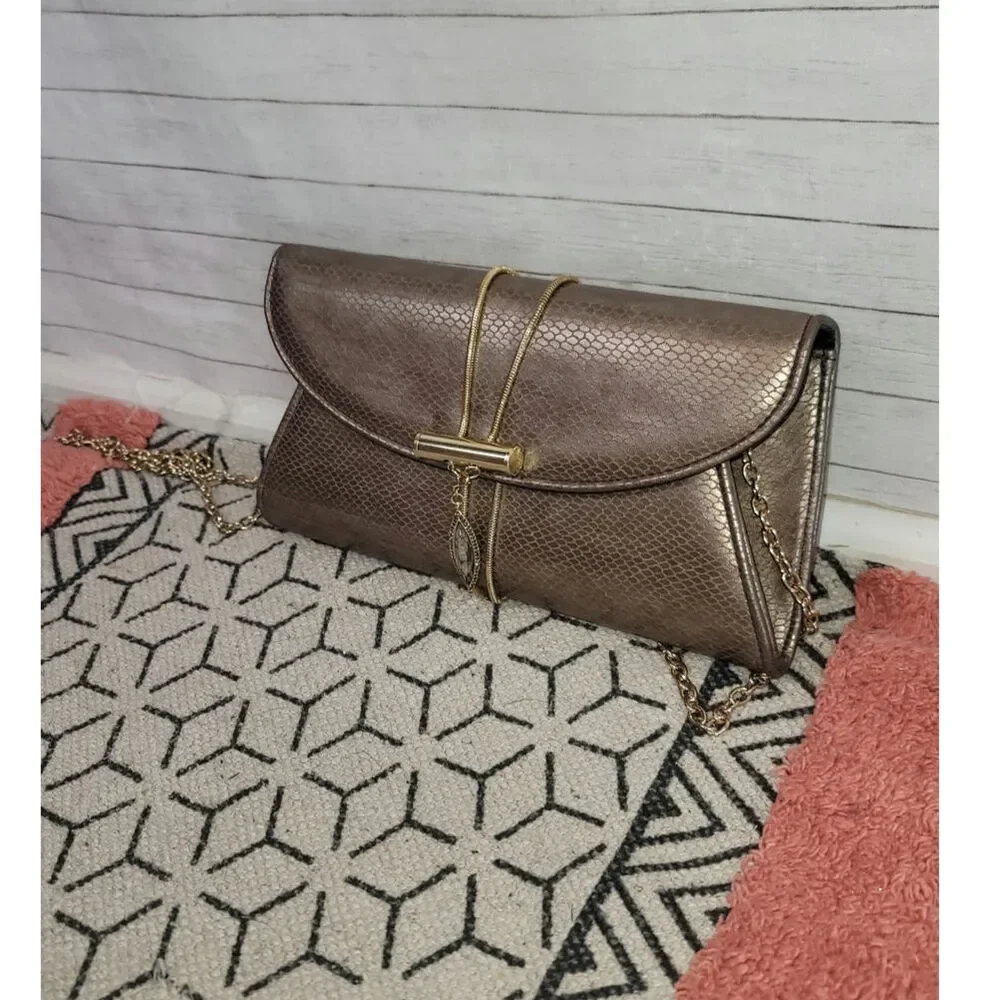 KATE LANDRY BRONZE CLUTCH W SHOULDER CHAIN